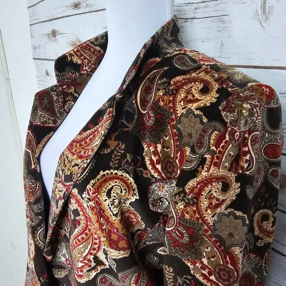 Talbots Velvet Blazer Womens 8P Black Red Paisley Silk Blend Lined Party Jacket - Picture 4 of 12